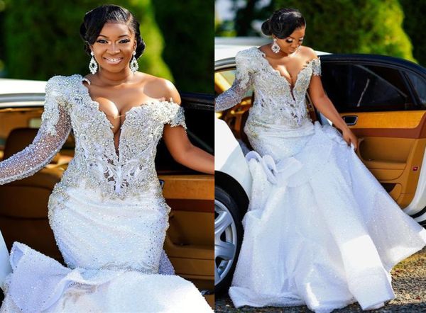 2021 plus size arabic aso ebi luxurious mermaid lace wedding dress beaded crystals long sleeve sequined sparkly bridal dresses gow9649310, White